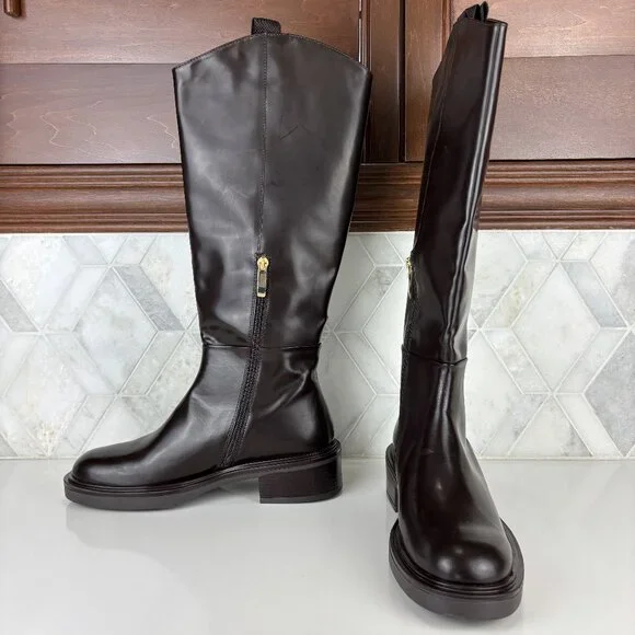 39/9 Dark Brown Walnut Round Toe Block Heel Wide Sole Knee High Pull On Zip Boot - Picture 1 of 16